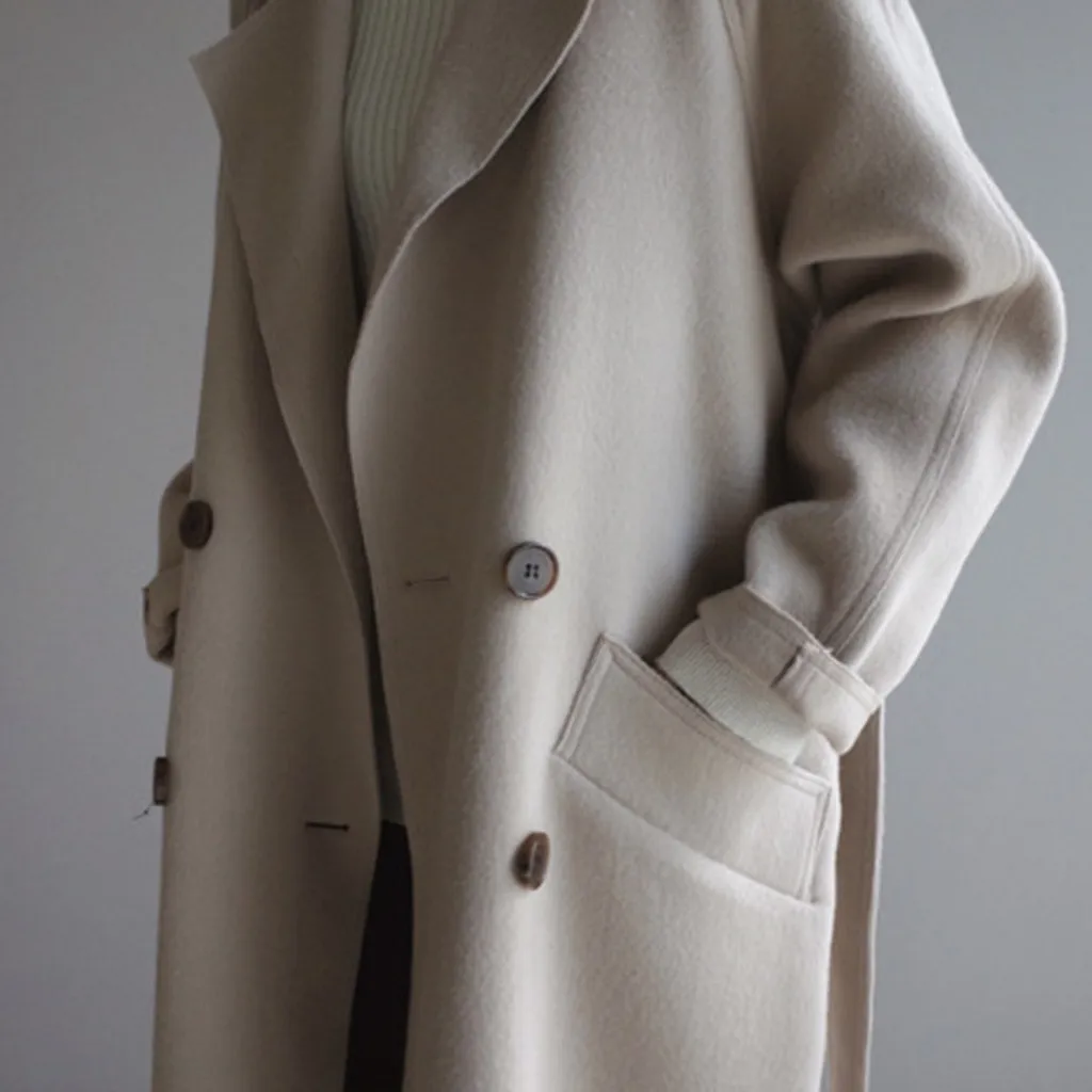 Новинка, Элегантное длинное женское пальто, большой размер, с лацканами, кашемир, шерсть, с поясом, Тренч, верхняя одежда, куртка, veste femme# guahao