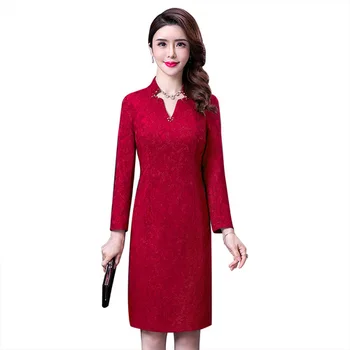 

2020 Spring Wedding Party Mother Law Dress Long Sleeve Formal V-neck Red Plus Size 4xl 5xl Vintage Ladies Dresses
