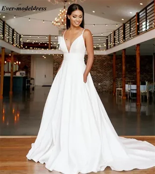 

Simple Wedding Dresses 2020 Deep V-Neck Sleeveless Pockets Lace Appliques Buttons Back A-Line Bohemian Bridal Gowns Cheap