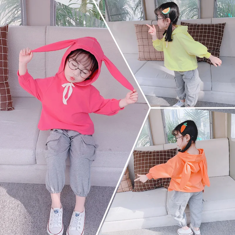 

2020 Spring And Autumn Children Baby Cute Girls Rabbit Eared Solid Color Two-Piece Set CHILDREN'S Sweater