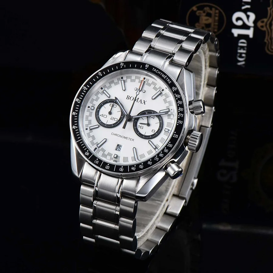 

42mm Chronograph Luminous Watch Men Japan miyota OS20 Movement Quartz Date Steel Strap Bracelet black Bezel Waterproof Watch 01