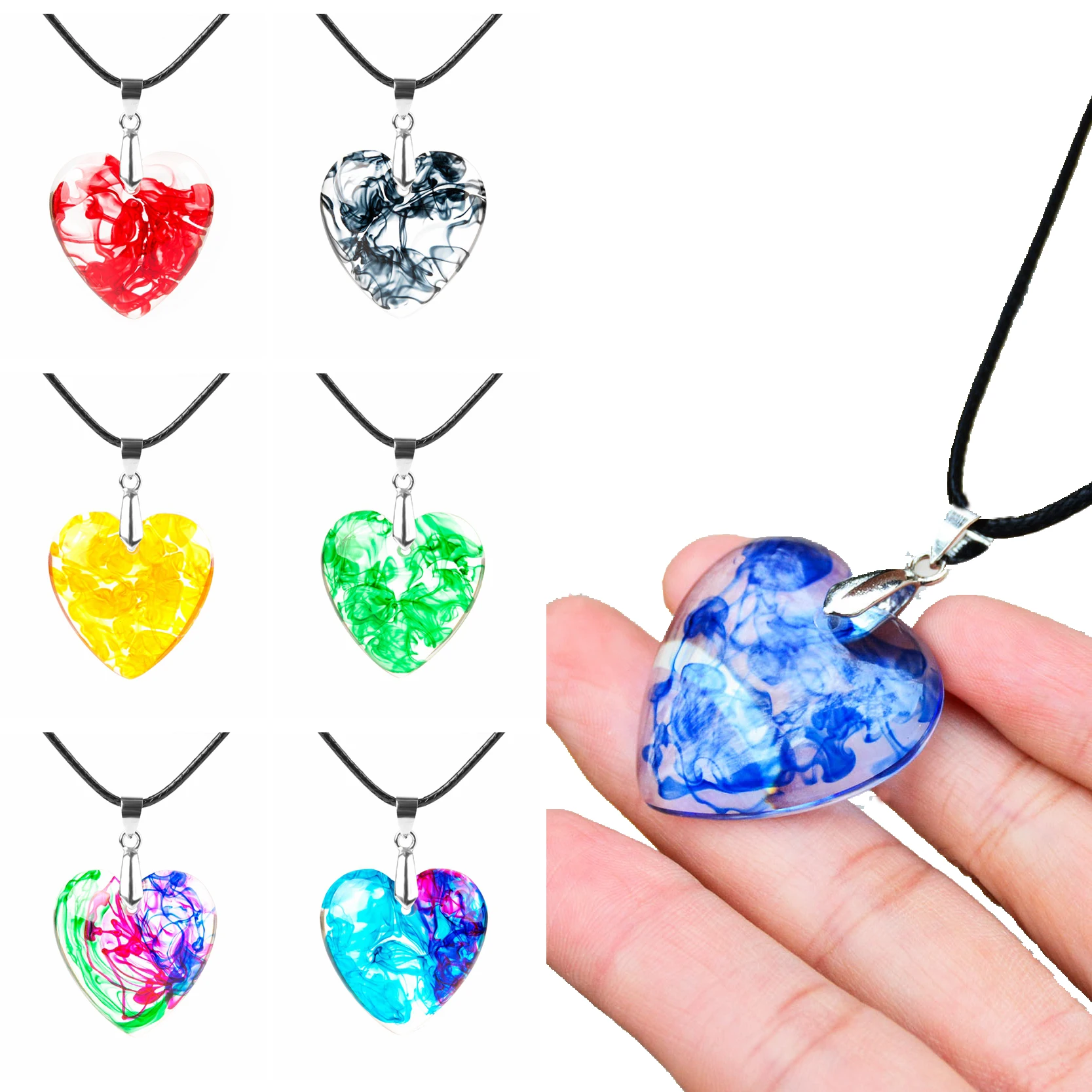 

KCALOE Love Heart Ink Painting Resin Pendant Necklace Black Wax Rope Chain Handmade Epoxy Jewelry Christmas Gift 34x34mm