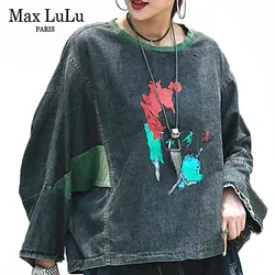 Max LuLu 2019 модные европейские уличные женские джинсовые кроп Топы женские Лоскутные Печатные футболки винтажные женские осенние футболки