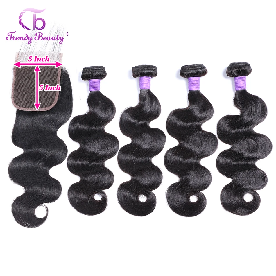 

Trendy Beauty Peruvian Body Wave 4 Bundles with Lace Closure 5x5 Inches Middle/Free/Three Part Non Remy Double Weft Human Hair
