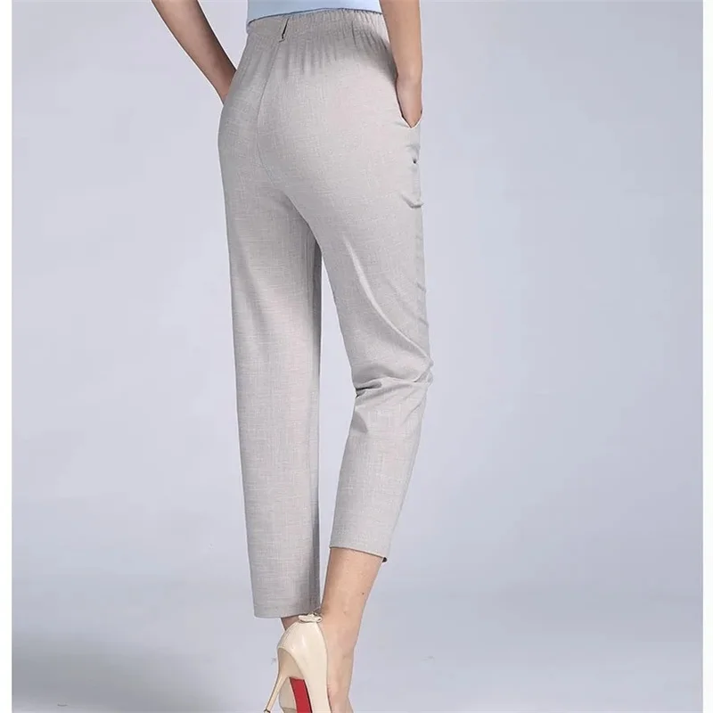 Popularity 5XL Mother's Cotton Linen Pants 2022 Summer Middle Aged Women High Waist Straight-leg Pants Casual Calf-Length Pant