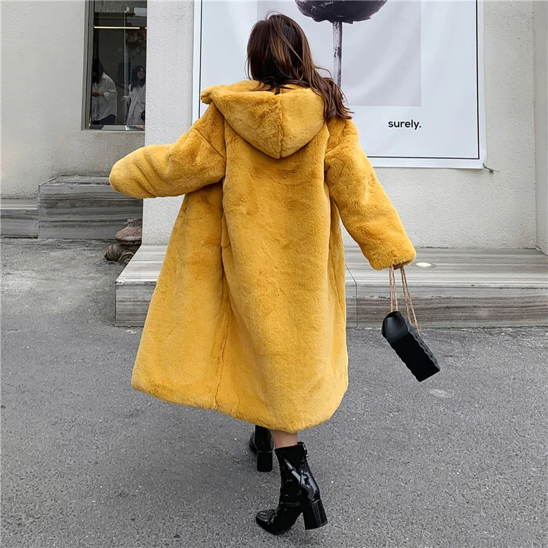 Женское длинное плотное зимнее пальто из искусственного меха, теплое однотонное пальто с длинным рукавом, мягкое Свободное пальто с капюшоном, женская верхняя одежда, куртки