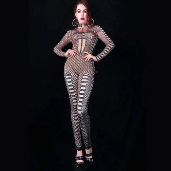 

Elastic Long Sleeve Black Rhinestones Skinny Bandage Jumpsuit Lady Birthday Celebration Crystal Nightclub Singer Costume DT1736