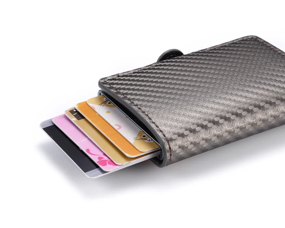 Bisi Goro New Coin Purse Anti-theft Carbon Fiber Credit Card Holder Male ID Holder With Zipper RFID Business Button Wallet
