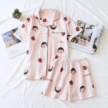 

Ladies Woven Cotton Cartoon Crepe Pajamas Suit Short Sleeve Shorts Thin Section Comfortable Casual Night Suit Pizamy Damskie