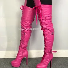 Женские розовые кожаные высокие сапоги на платформе Модные ботфорты на шнуровке, с пряжкой, на ремешке, на шпильке женские сапоги