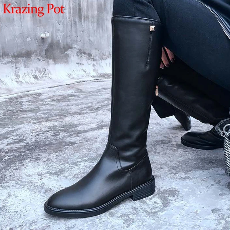 

krazing pot Winter round toe cow leather keep warm low heel metal decoration modern riding thin leg design thigh high boots l6f6