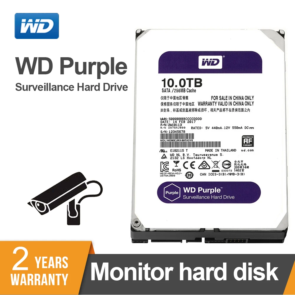 Western Digital WD фиолетовый 10 ТБ HDD 256MB SATA 6 Gb/s1 3 5 &quotВнутренний жесткий диск наблюдения