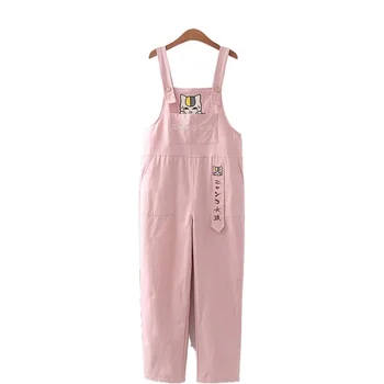 

Pink Women Overalls Pants Cartoon Cat Embroidery Pocket Cotton Jumpsuits 2020 Autumn Korean Style Ladies Hight Waist Trousers
