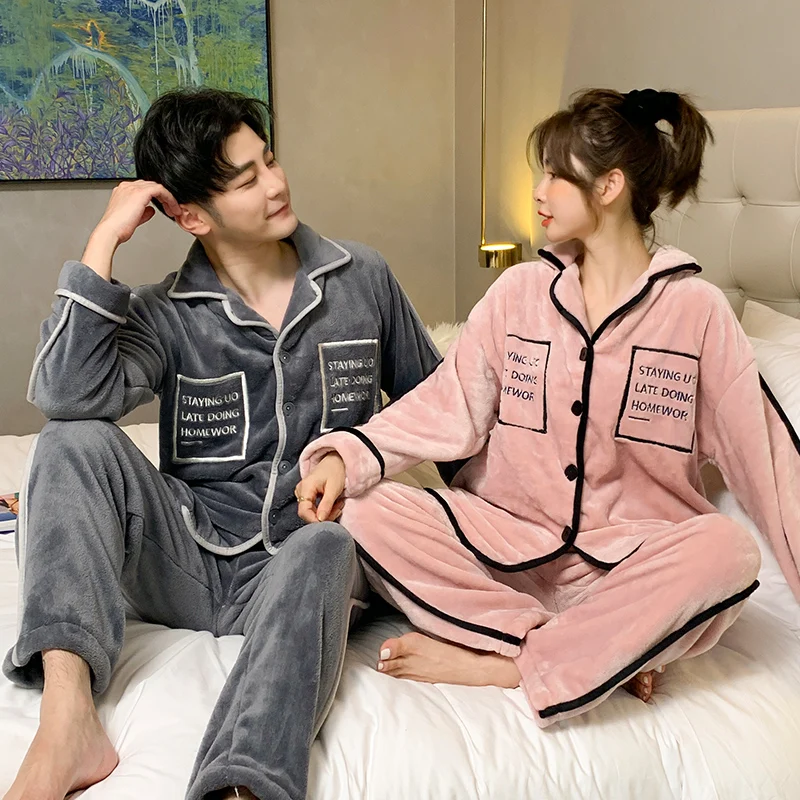 

Women Pajamas Set Winter Warm Flannel Pajamas Unisex Long Sleeve Turn Down Collar Homewear Thick Sleepwear Plush Pyjamas Suit
