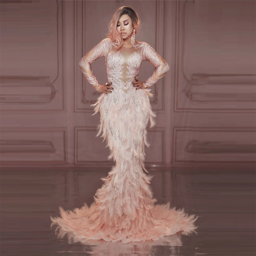 

Light Pink Feather Floor Length Dress Costume Women High-end Stretch Bling Crystals Celebration Party Angel Fancy Wear Outfits