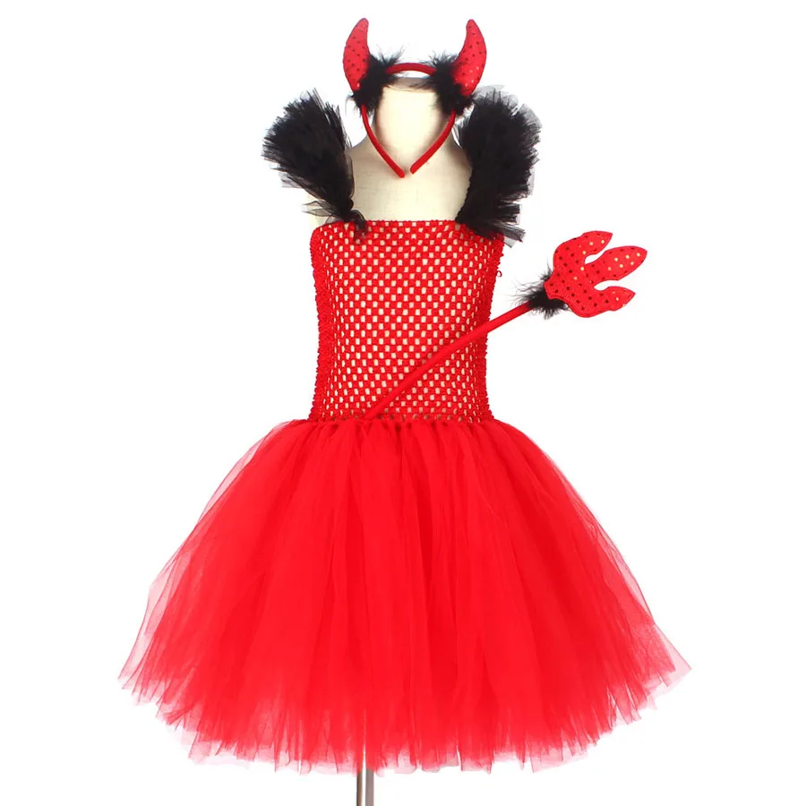 Wicked Red Devil Girls Tutu Dress Kids Halloween Cosplay Carnival Party Costume Handmade Tulle Children Fancy Satan Demon Dress (13)