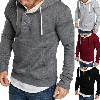 

Men Autumn Winter Solid Color Drawstring Pocket Buttons Fleece Hoodie Sweatshirt Hoody Sweatshirt Men Hooded Streetwear