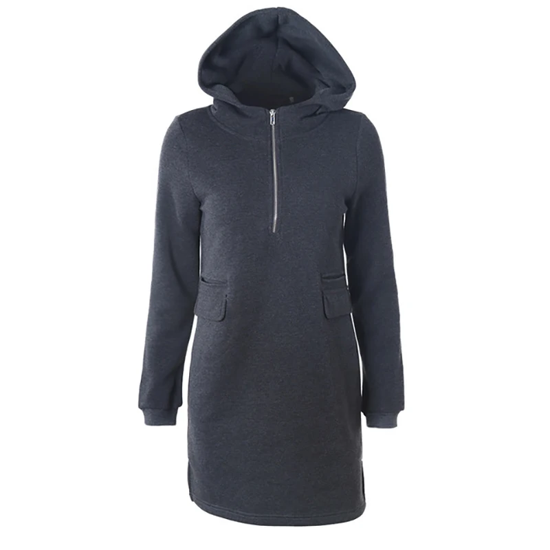 

S-2XL Medium Length Plain Drawstring Hoodie Dress Long Sleeve Zipper False Pocket Winter Coat Women New Streetwear Crop Hoodie