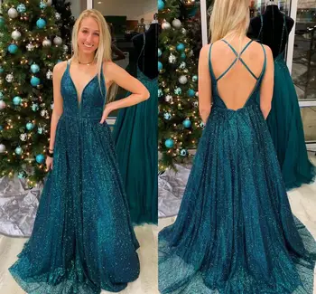 

YiMinpwp Sparkly Evening Dresses Spaghetti Criss Cross Straps Backless Sweep Train Sequined Long Formal Prom Party Gowns