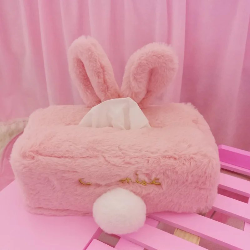 

Soft Adorable Cute Soft Pink Rabbit Plush Tissue Cover Rabbit Eared Home Car Living Room Tissue Box Cartoon Paper Extraction Box