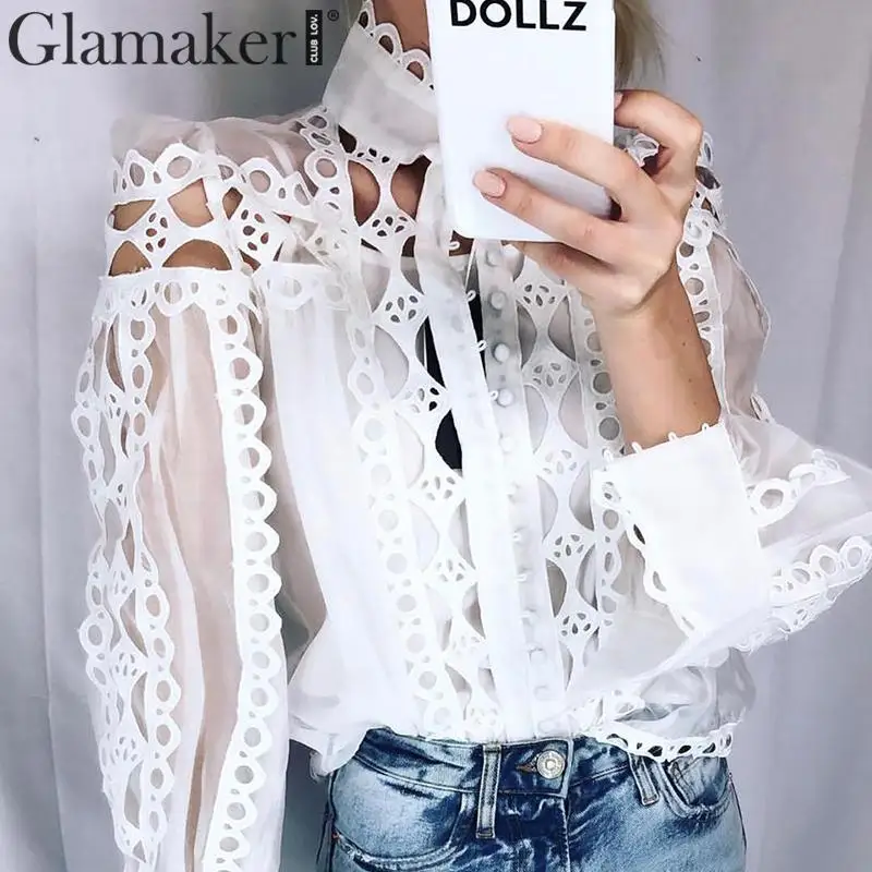 

Glamaker Hollow out white long sleeve blouse Women autumn stand collar sexy blouse shirt top Female winter party chiffon top