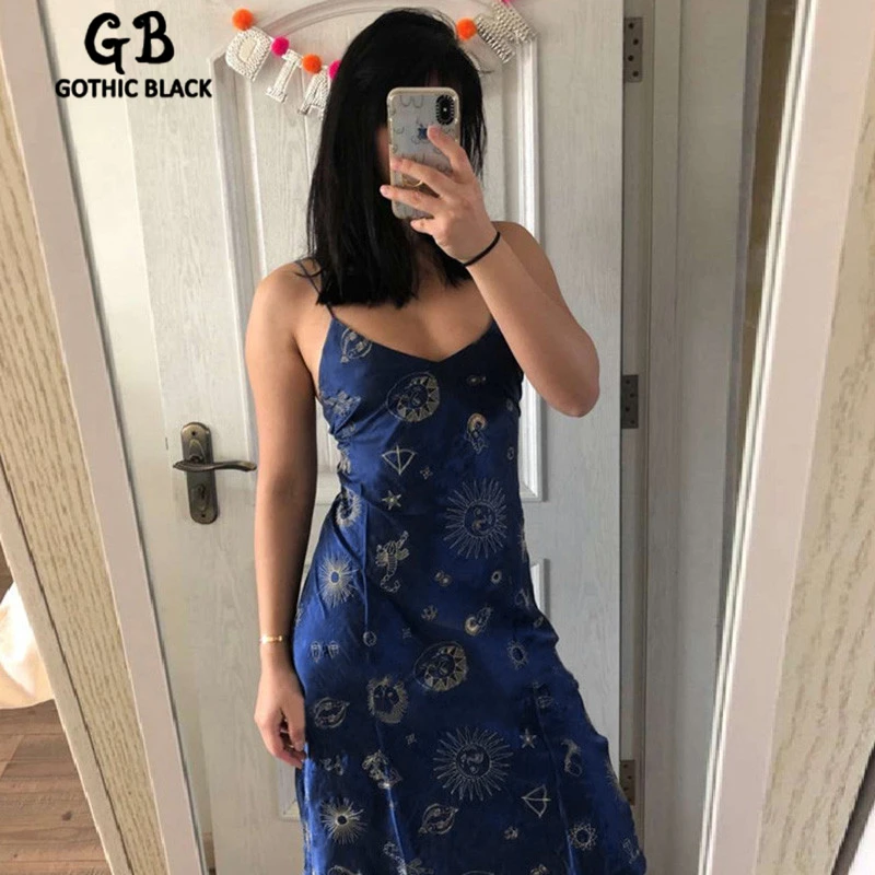 Gothblack Sexy Slim Spaghetti Straps Mini Dress Gothic Women Backless Constellation Print 2020 Female Summer Party | Женская одежда