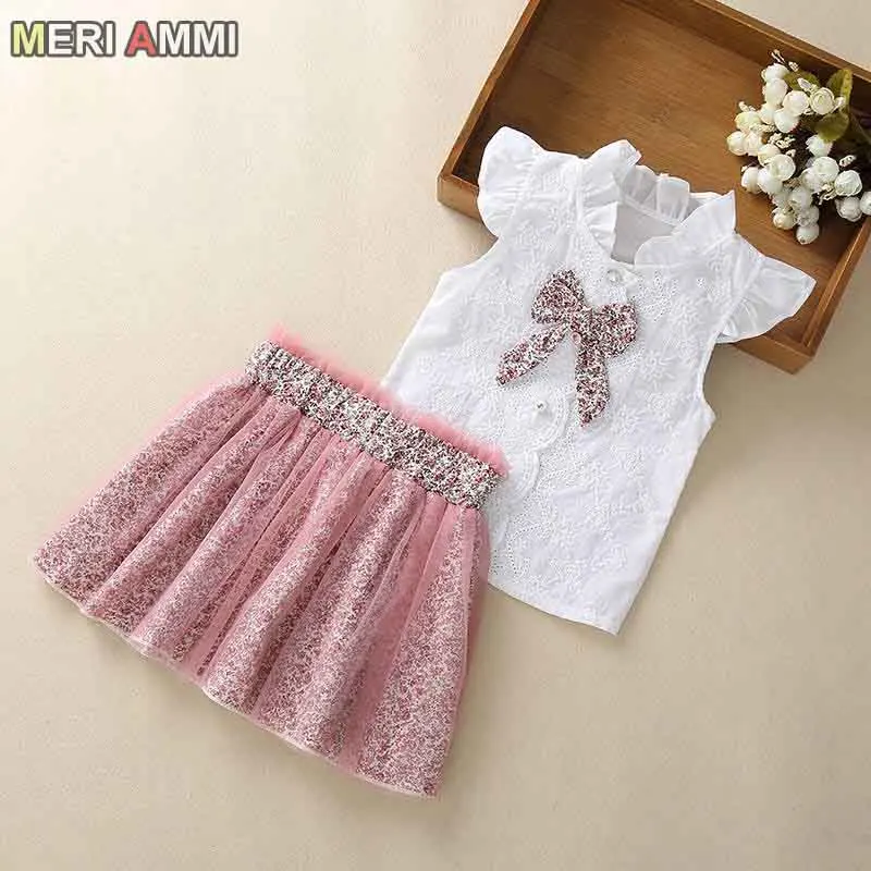 MERI AMMI/комплект из 2 предметов; детская одежда для девочек; комплект одежды; футболка без рукавов с цветочным рисунком+ юбка с цветочным рисунком для От 2 до 13 лет девочек