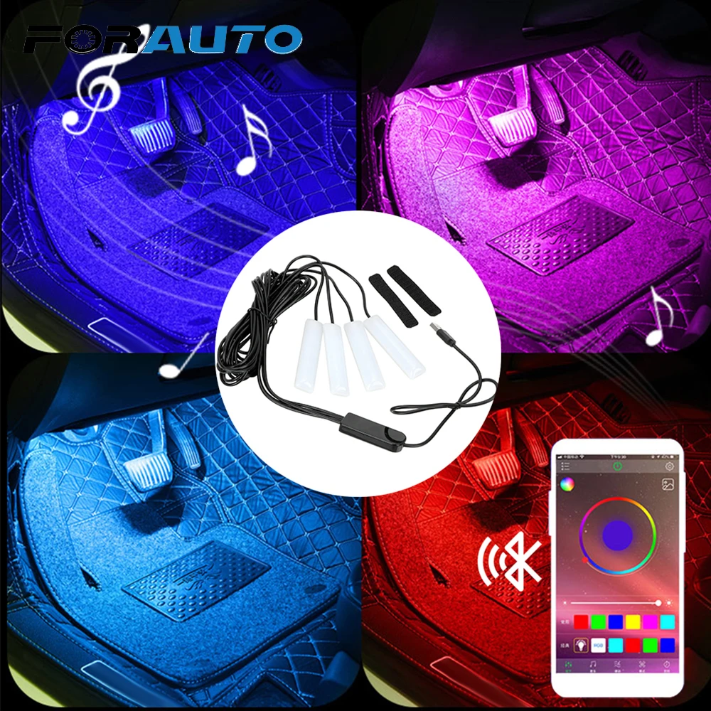 FORAUTO 4 шт. RGB автомобильный СВЕТОДИОДНЫЙ торшер напольная ножная полоса свет авто атмосферная лампа Bluetooth приложение Звук Музыка Управление декоративная лампа