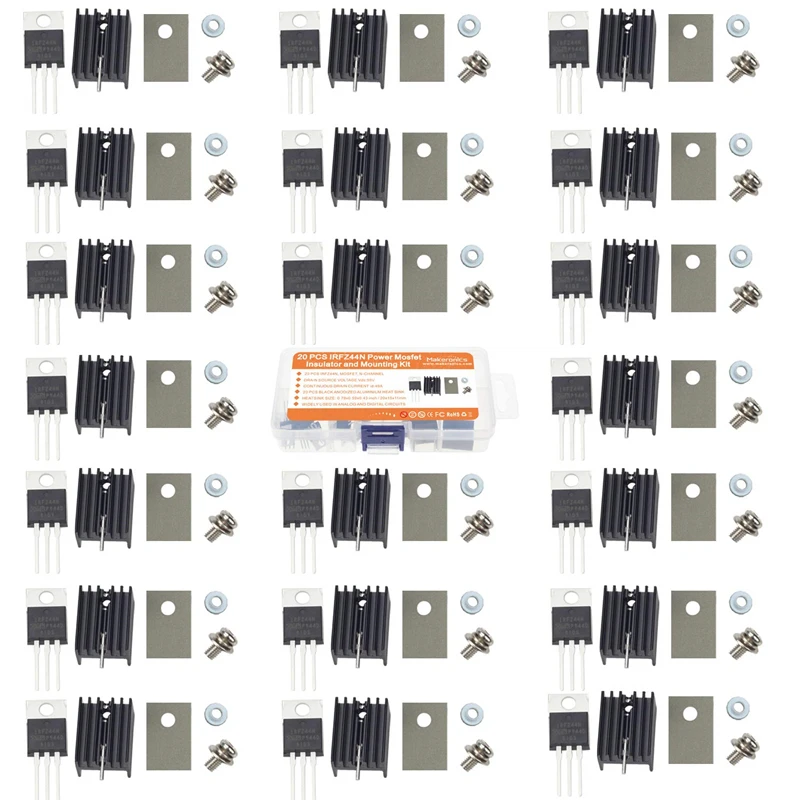 Isolatore Irfz44N 20 Pezzi E Kit Di Montaggio Con Dissipatore Di Calore To-220 Rondella In Silicone Gommato E Boccola Mosfett N-Channel
