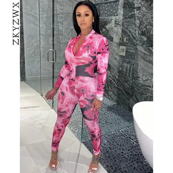 

ZKYZWX Sexy Print Frot Zip Long Sleeve Rompers Womens Jumpsuit 2020 Festival Rave Clothes One Piece Body Outfit Bodycon Overalls
