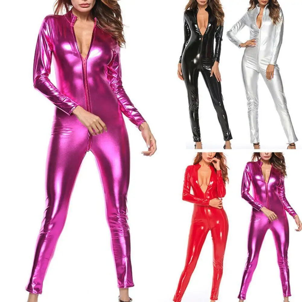 Erotic Sexy Hot Women Faux Leather Catsuit Latex Bodysuit Front Zipper Open Crotch Jumpsuits Stretch Bodystocking Tight Lingerie