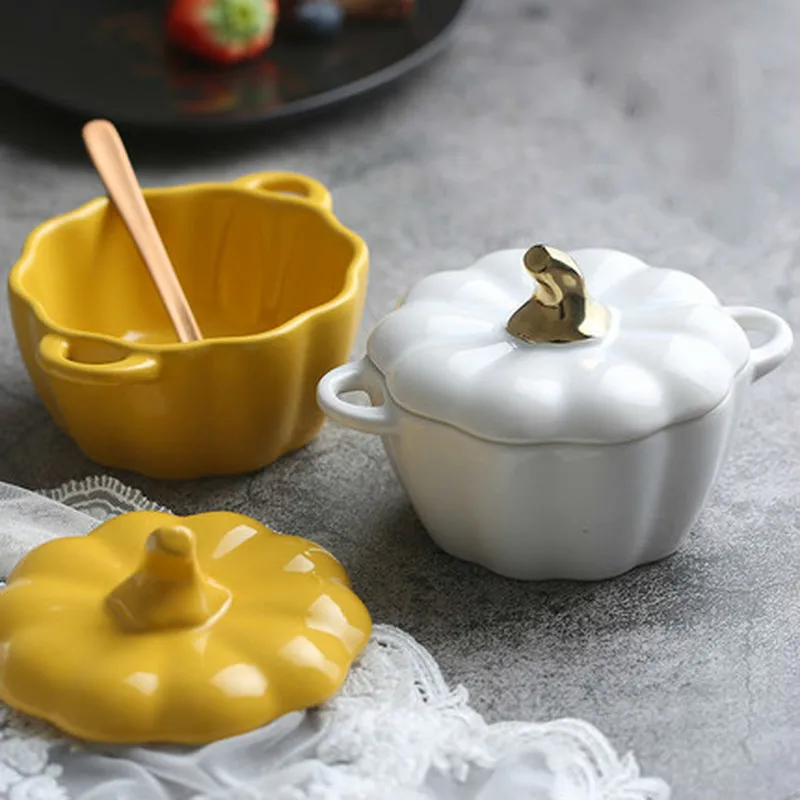 

2PCS With Lid Ceramic Pumpkin Bowl Handle Salad Fruit Soup Lid Bowl Home Kitchen Microwave Oven Exquisite Decorative Tableware