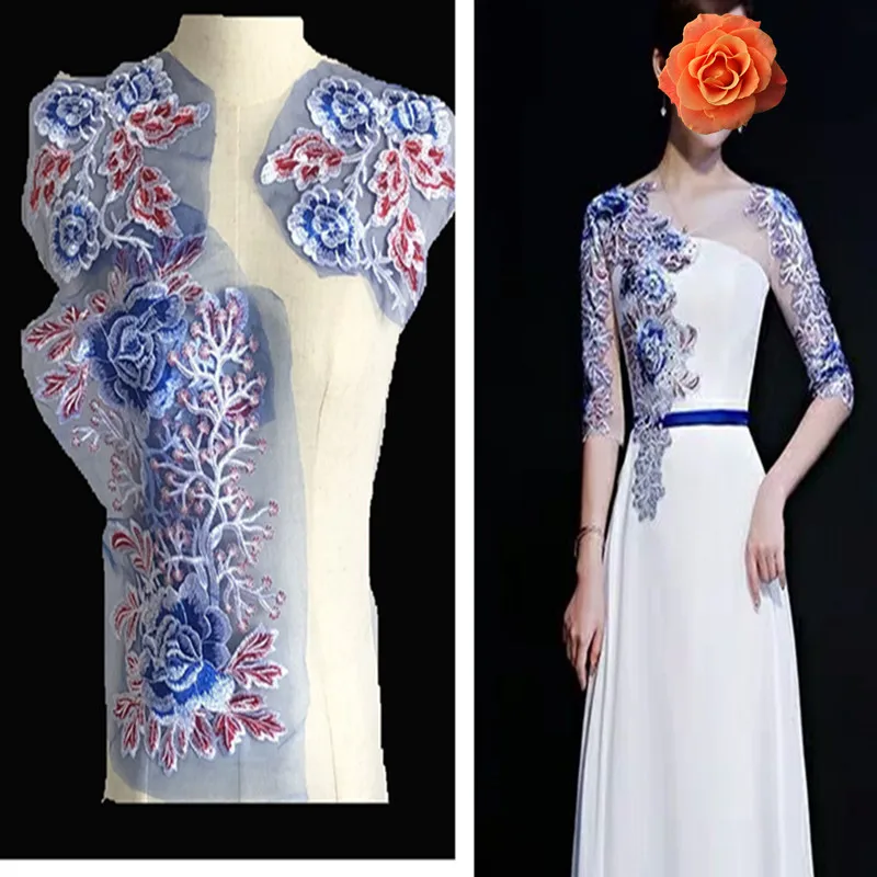 

SASKIA 3Pcs Peony Flower Embroidery Patch Mesh Fabric Applique Sew Wedding Dress Cloth Material Decor Accessory Patches Diy Blue