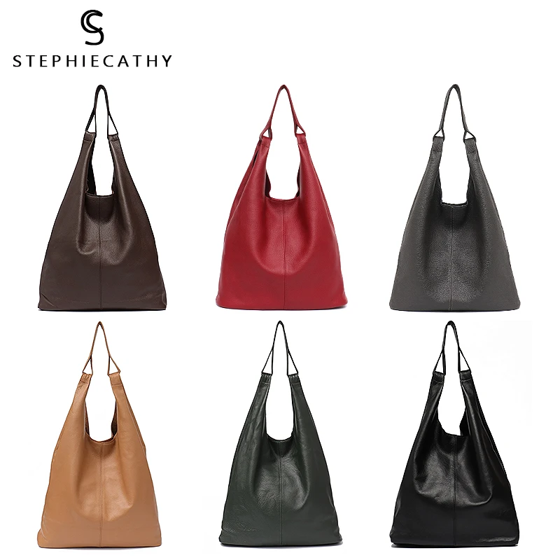 SC Large Bucket Genuine Leather Hand Carry Over Shoulder Hobo Bags Women Big Basket Soft Cow Skin Single Strap Casual Handbag