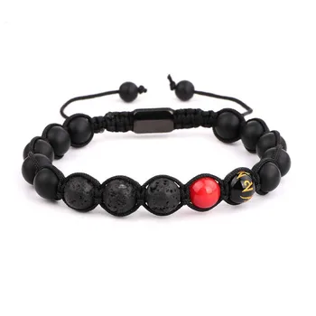 New Design Tibetan Buddhism Style Black Onyx Lava Rock Stone Beaded Cord Woven Bracelet Adjustable Men