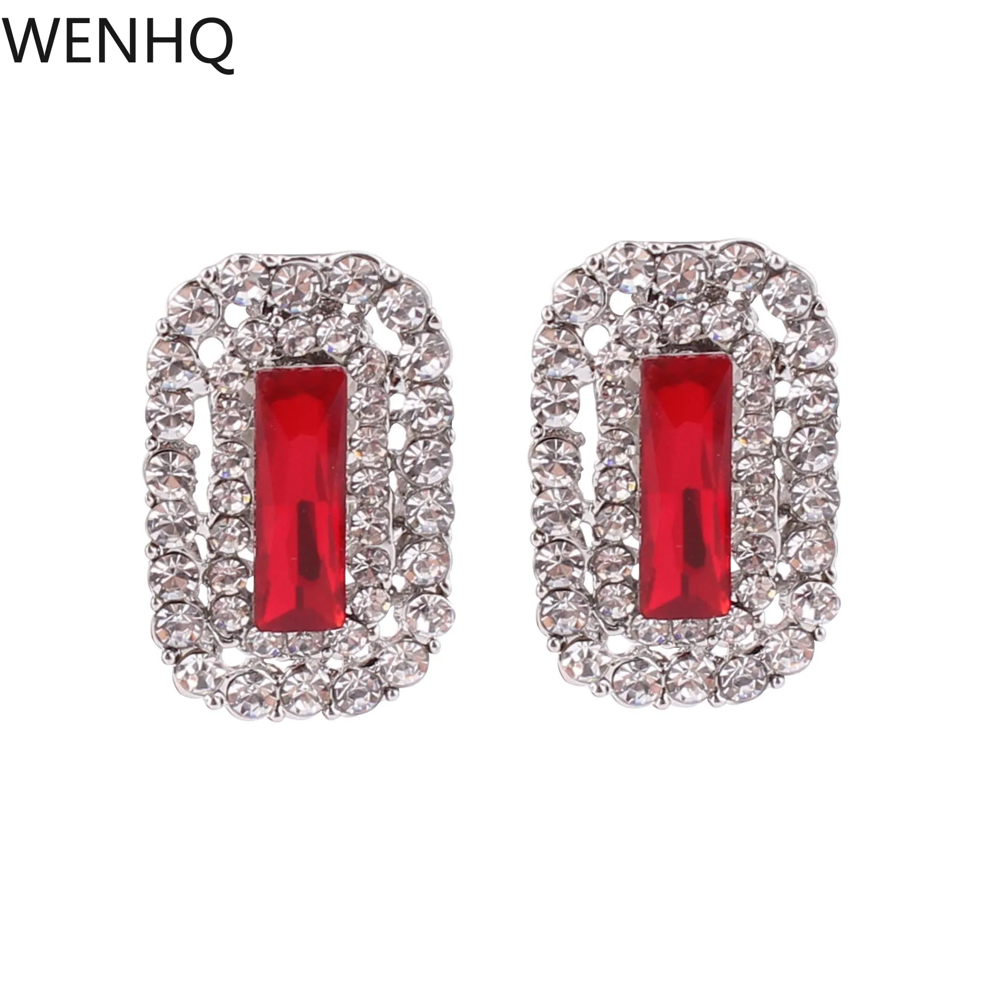 

WENHQ Rhinestone Square Shape Clip on Earrings No Pierced for Women Fashion Design Vintage Silver Plated Earrings High Quality