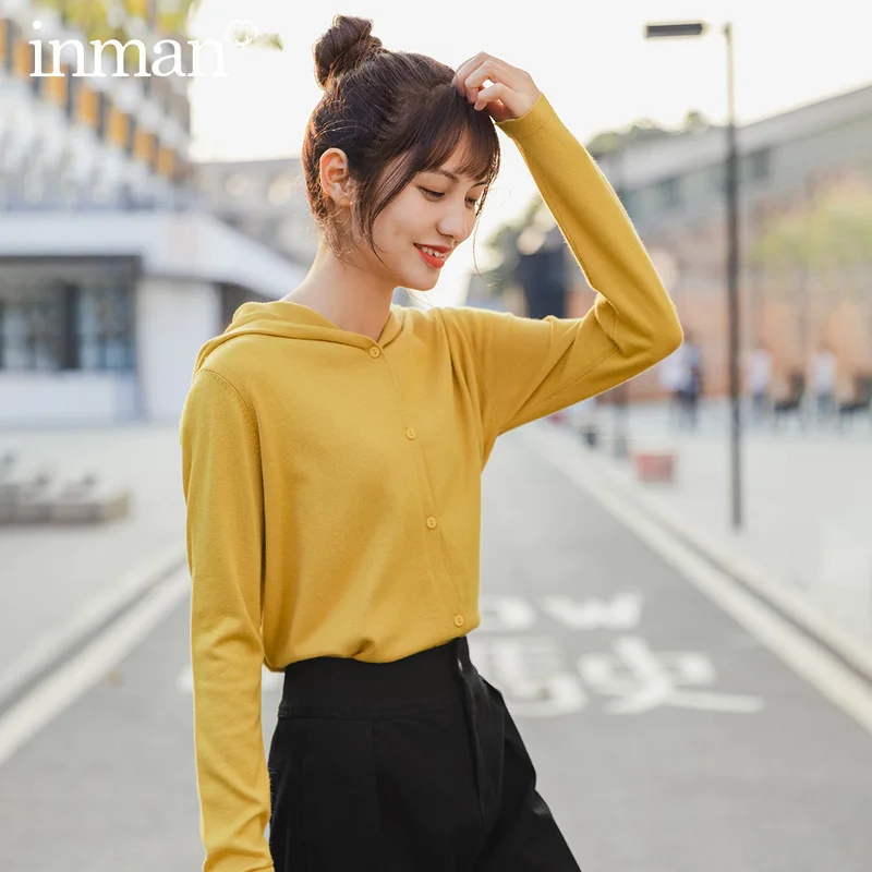 

INMAN 2020 Spring New Arrival Literary Pure Color Hodded Single-breasted Loose Knitted Cardigan