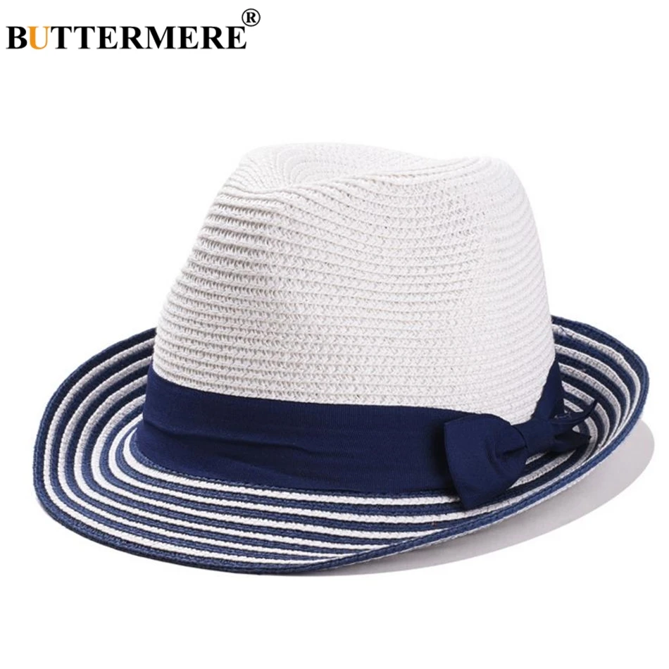 BUTTERMERE Summer Sun Hat Women Straw Female Linen Panama Blue White Striped Patchwork Beach Brand Ladies Jazz Hat|Женские пляжные