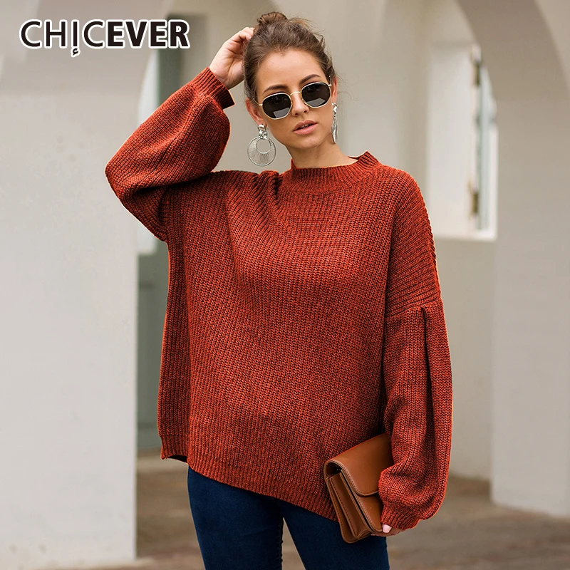 

CHICEVER Female Sweaters Clothes 2019 Autumn O Neck Lantern Sleeve Loose Plus Size Sweater Jumper For Women Fashion New Tide