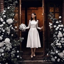 LUXIYIAO długie rękawy-line satynowe suknie ślubne w stylu Vintage, wiosenna suknia ślubna długość herbaty szyte na miarę suknia ślubna panny młodej