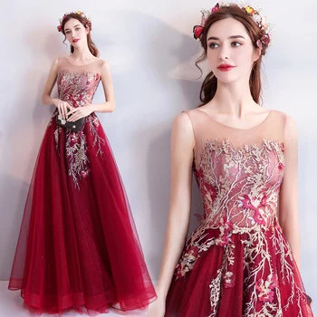 

tailor shop elegant wine red dress bride wedding toast wedding dinner annual meeting evening dresses red tulle dress hand made