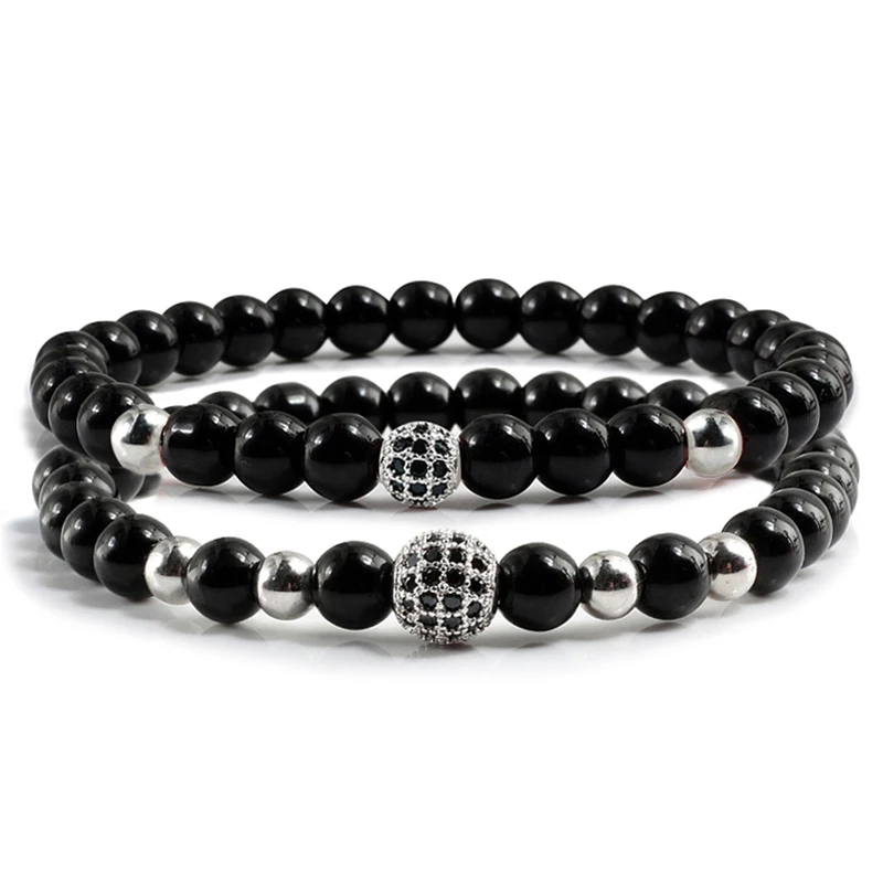 DouVei 8mm Natural Agate Charm Bracelet - Gold Plated, Black Matte