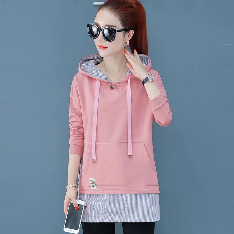 

spring/autumn women coats fake two piece women hoodies women autumn clothing sweatershirts hooded patchwork style outerwear