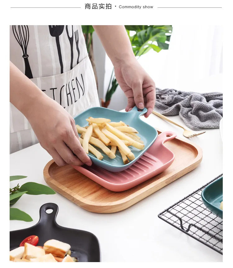Pedicle-Style Scandinavian Plate loftex dai Handle Ceramic Ovenware Household Bakery Breakfast se you pan Japanese Style Tablewa