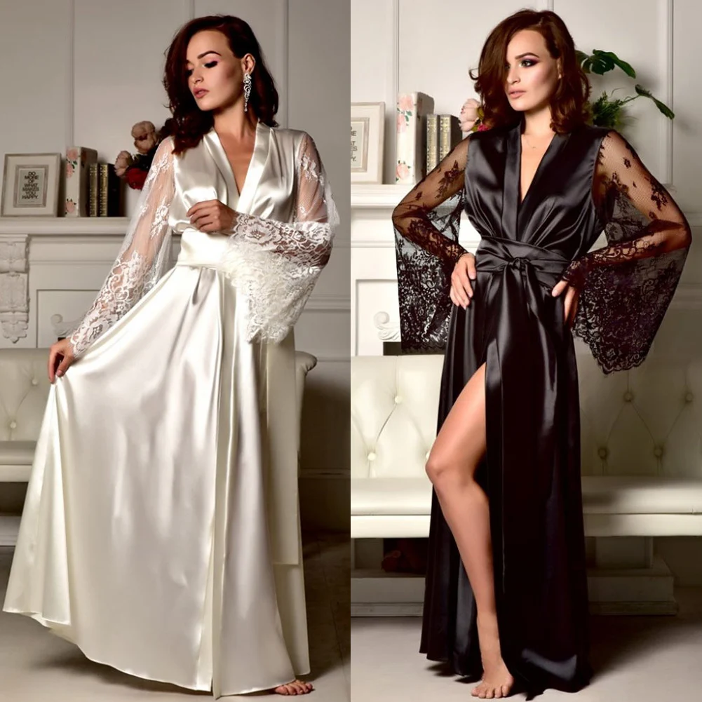 

Womens Satin Robe Sexy Lace Nightgown Pajamas Sleepwear Kimono Babydoll Dress XL