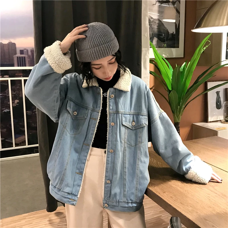 South Korea Autumn And Winter New Style Retro Lambs Wool Loose-Fit Fold-down Collar Cotton-padded Clothes Brushed And Thick