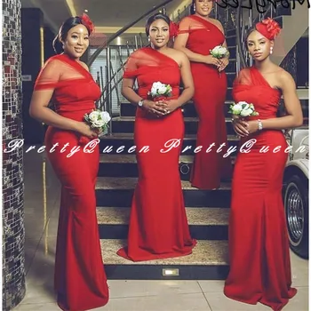 

2020 Red One Shoulder Bridesmaid Dresses For Women Vestidos Cheap Mermaid Long Wedding Party Dress Formal Gown