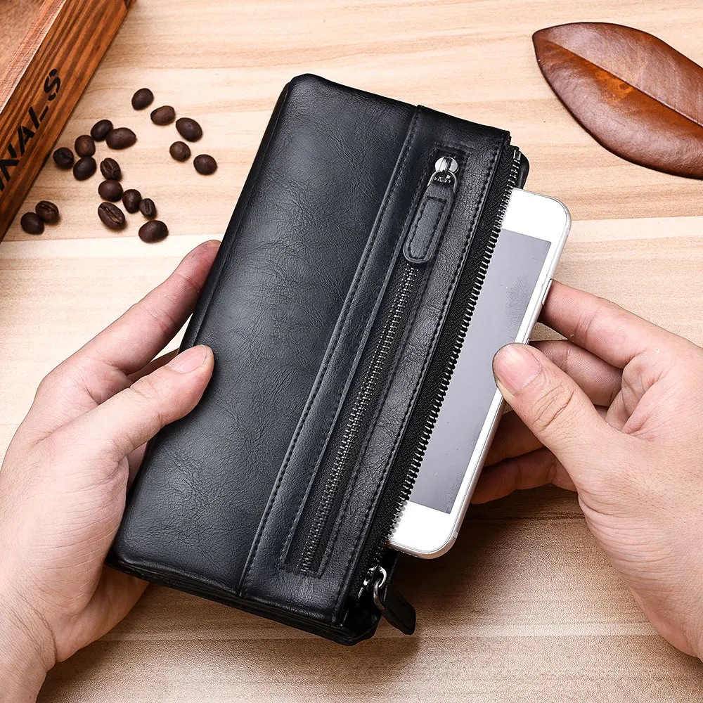 

Men's Leather Clutch Mobile Phone Card Card Bag High Quality Multifunction Business Large Capacity Double Zip Retro Big Wallet