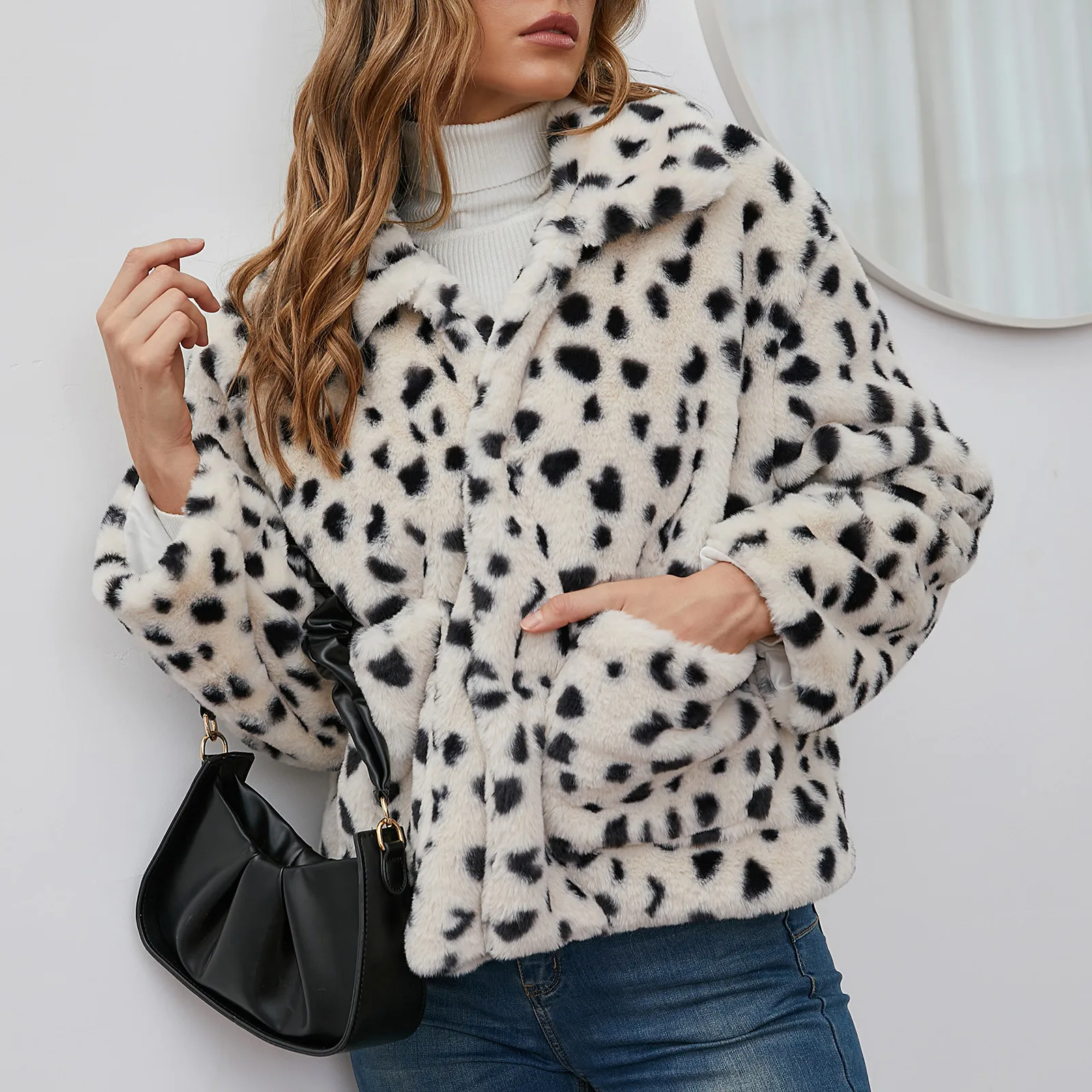 Winter Women's Jacket Plush Cow Print Button Pocket Lapel Fur Woman Coat Plus Size Thick Warm Women Top Outerwear | Женская одежда