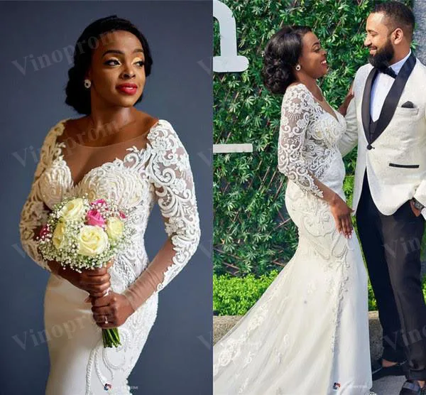 

Африканские винтажные Свадебные платья с длинным рукавом и юбкой-годе, кружевное черное платье с аппликацией для девушек, со шлейфом, искусственное драгоценное украшение